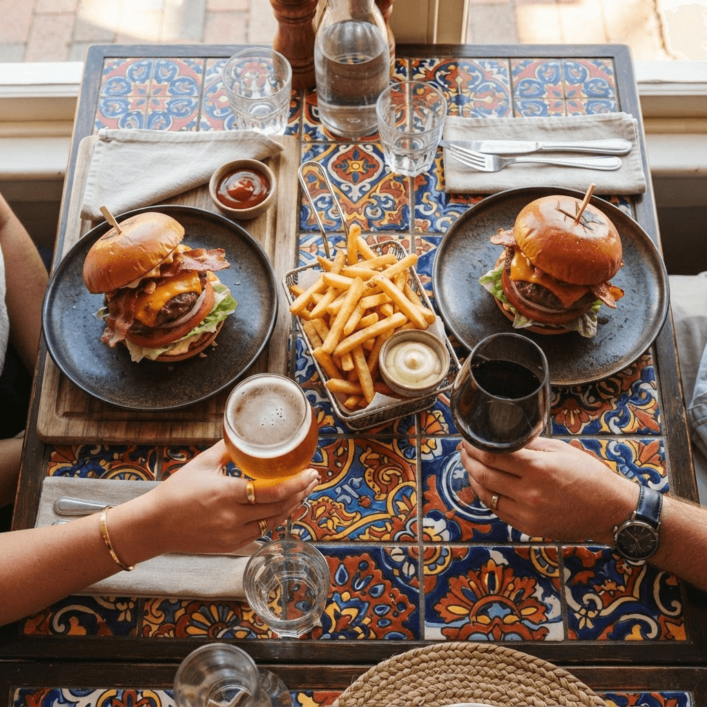 Overhead photo of gourmet burgers and fries